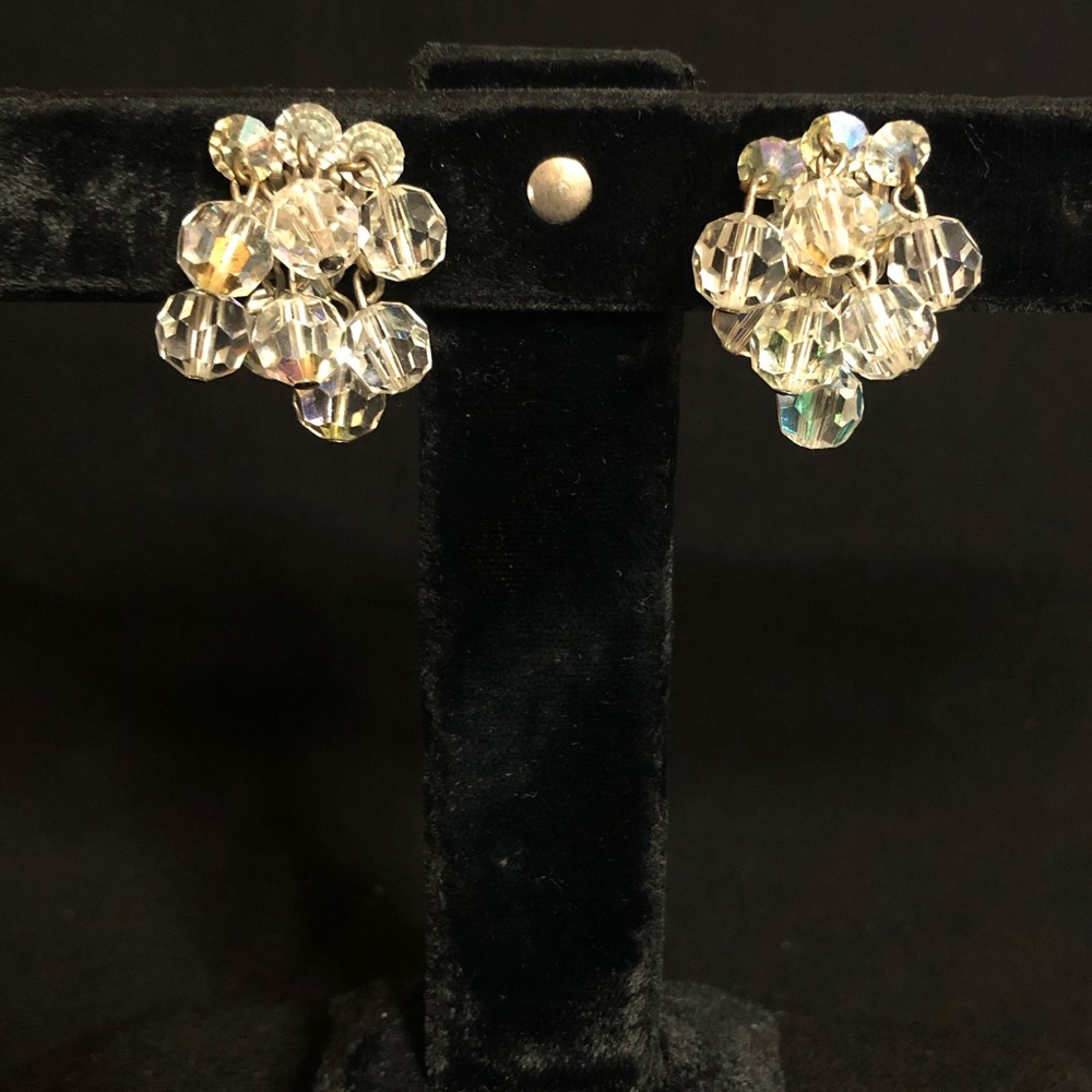 Vintage Clear Beaded Drop Clip Earrings